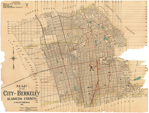 Alt: Historical map of the City of Berkeley, Alameda County, California, 1928, with a legend showing schools, parks and playgrounds, fire houses and hard surfaced streets.