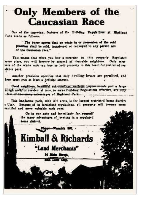Historical tract of an “exclusionary covenant” issued by Kimball & Richards, Salt Lake City, Utah, headlined “Only Members of the Caucasian Race,” followed by a page of explanatory print.