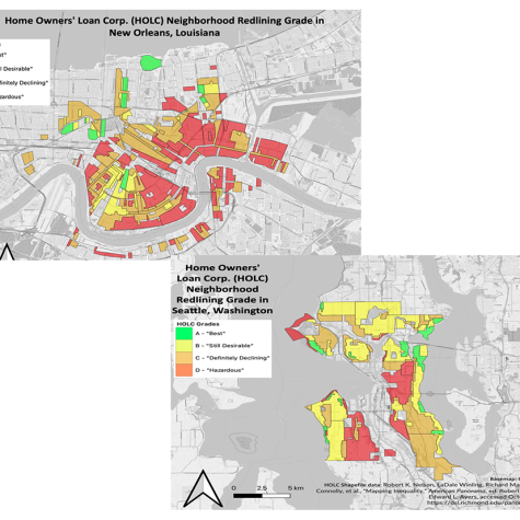 Alt: Image of two Home Owners’ Loan Corporation (HOLC) maps, of New Orleans and Seattle, showing lower to higher risk neighborhoods for mortgage lending. High-risk neighborhoods are outlined in red, a common racist-lending practice used for decades, known as “redlining.”