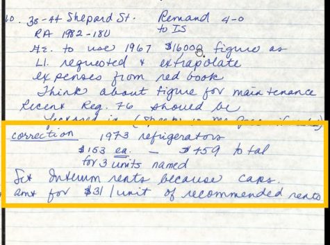 Agenda Item 10. 38 – 44 Shepard St. Remand 4-0 to IS. RA 1982 – 180. H.E. to use 1967 $16,000 figure as landlord requested and extrapolate expenses from red book. Think about figure for maintenance. Recent reg 76 should be factored in. Correction: 1973 refrigerators $153 each, $459 total for 3 units named. Set interim rents because caps amount for $31/unit of recommended rents.