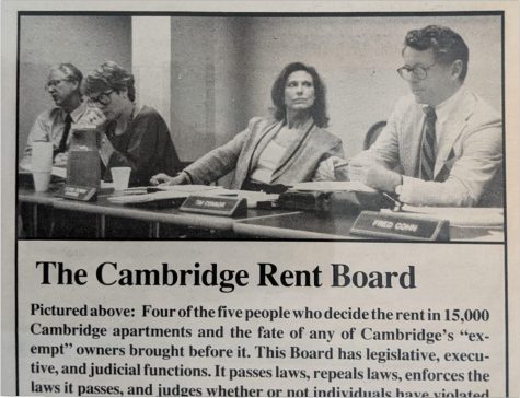 This undated newspaper clipping shows a photograph of four of the five members of the Cambridge Rent Board. The caption is partially cut off. What is there reads, “Pictured above: Four of the five people who decide rent in 15,000 Cambridge apartments and the fate of any of Cambridge’s “exempt” owners brought before it. The Board has legislative, executive and judicial functions. It passes laws, repeals laws, enforces laws it passes and judges whether or not individuals have violated.” The rest of the caption is missing.