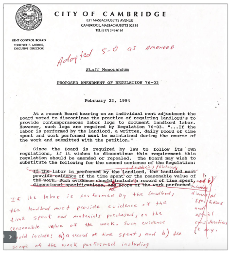 A printed page with heading “City of Cambridge,” Staff Memorandum, Proposed Amendment of Regulation 76-03, which explains the requirement of landlords to document any work done on their rentals, and materials purchased, in order to apply for rent increases. A handwritten note to amend the regulation is added at the bottom of the page. Dated February 23, 1994.
