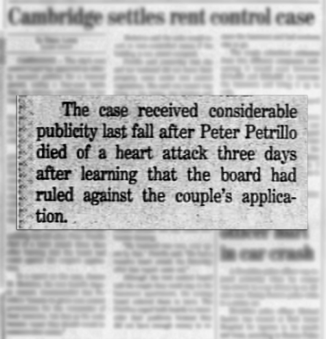 A newspaper clipping with one section superimposed over the rest of the article, confirming Peter Petrillo had a heart attack three days after the board ruled against the family.