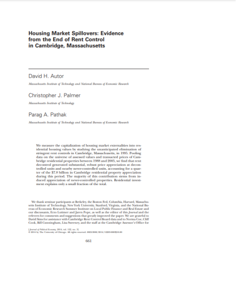 The coversheet of Housing Market Spillovers: Evidence from the end of rent control in Cambridge, Massachusetts. By David H. Autor, Christopher J. Palmer and Parag A. Pathak. Journal of Political Economy 2014, volume 122 no 3.