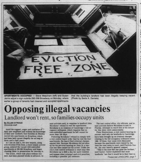 A newspaper clipping shows Steave Meacham and another hoisting a sign reading eviction free zone over the entrance to a building owned by John McAdams. The story describes an arrest warrant issued for McAdams, who is wanted for leaving apartments vacant.