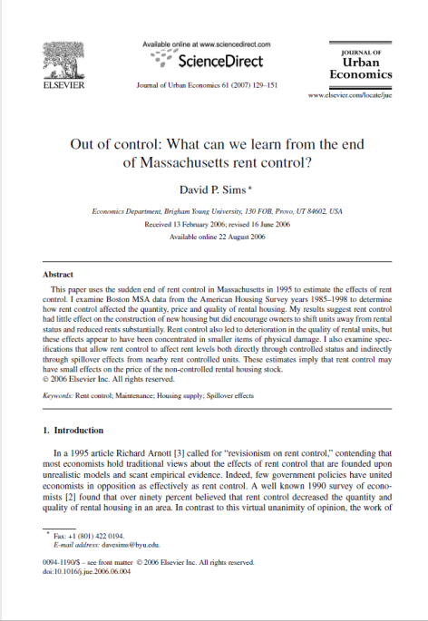 The cover sheet for David Sim's August 22, 2006 publication in the Journal of Urban Economics shows his paper title: Out of control: What can we learn from the end of Massachusetts rent control?