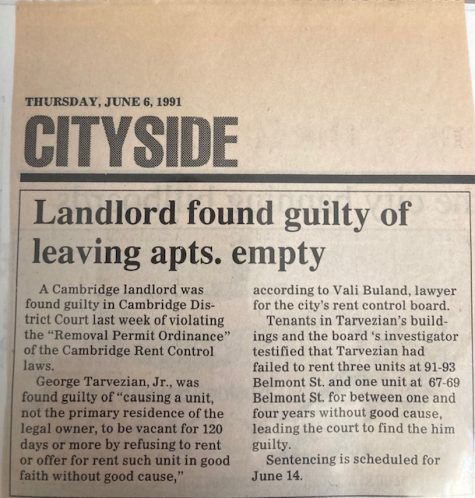 A newspaper clipping from June 6, 1991, shows George Tarvezian Jr. was found guilty of causing a unit not the primary residence of the legal owner to be vacant for 120 days or more by refusing to rent or offer to rent such unit in good faith without cause.