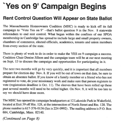 A newspaper clipping shows the "Yes on 9" campaign begins. It describes the newly created Massachusetts Homeowners Coalition headquartered in Wakefield.
